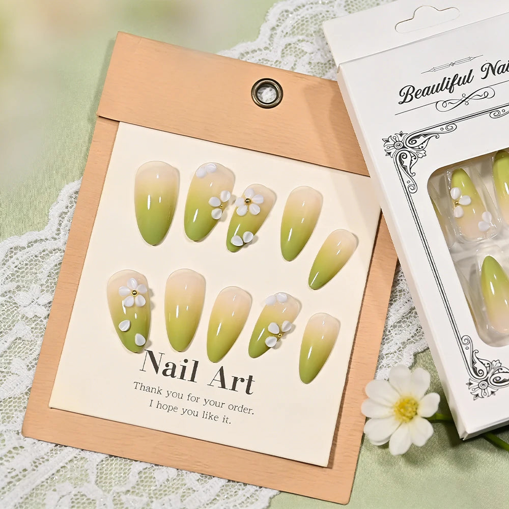 24pcs Gradient Green French Wearable Press on Nails Medium Almond Spring Petal Full Cover Fake Nail Tips Floral False Nails