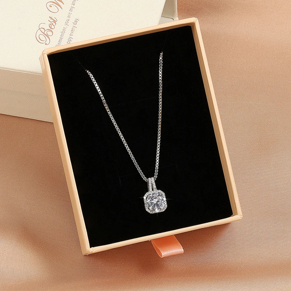 ZAKOL Simple Geometric Crystal White Zircon Pendant Necklace For Women Silver-Color Wedding Party Jewelry Gift With Box