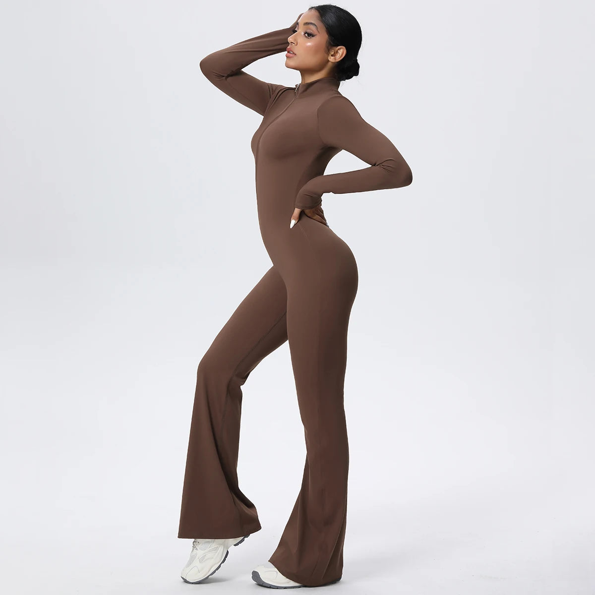 Woman's Fitness Yoga Bodysuit Solid Color Yoga Zipper Long Sleeves Trousers Gym High Strength Exercise Sports Bodysuit Leggings