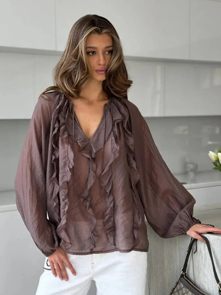 Elegant Ruffles V-Neck See-Through Patchwork Loose Blouses For Women Casual Solid Long Sleeve Female Summer Shirt Blouse Top