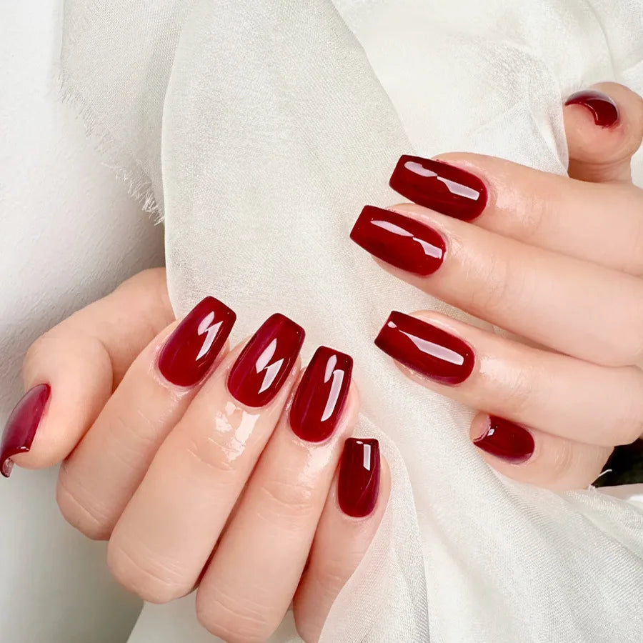 24/30pcs Medium fake nails for women girls Wine Red High Saturation almond square ballet shaped Valentine'S Day press on nails