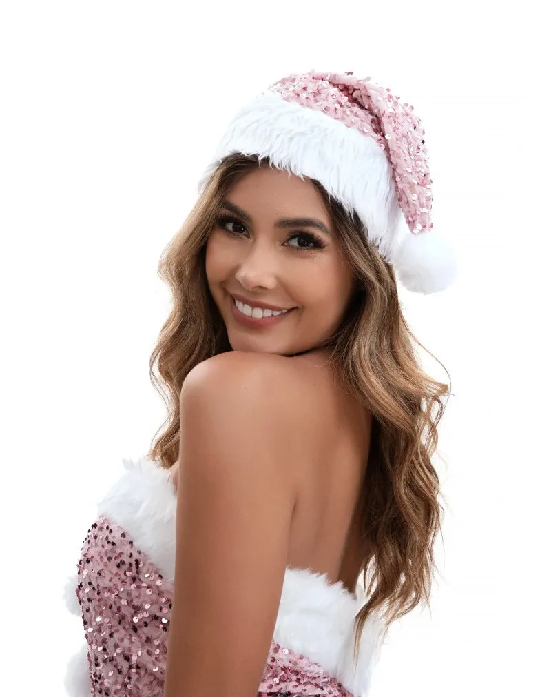 Christmas Atmosphere New Year's Robe Women's Christmas Dress Pink Red Sequined Dress Plush