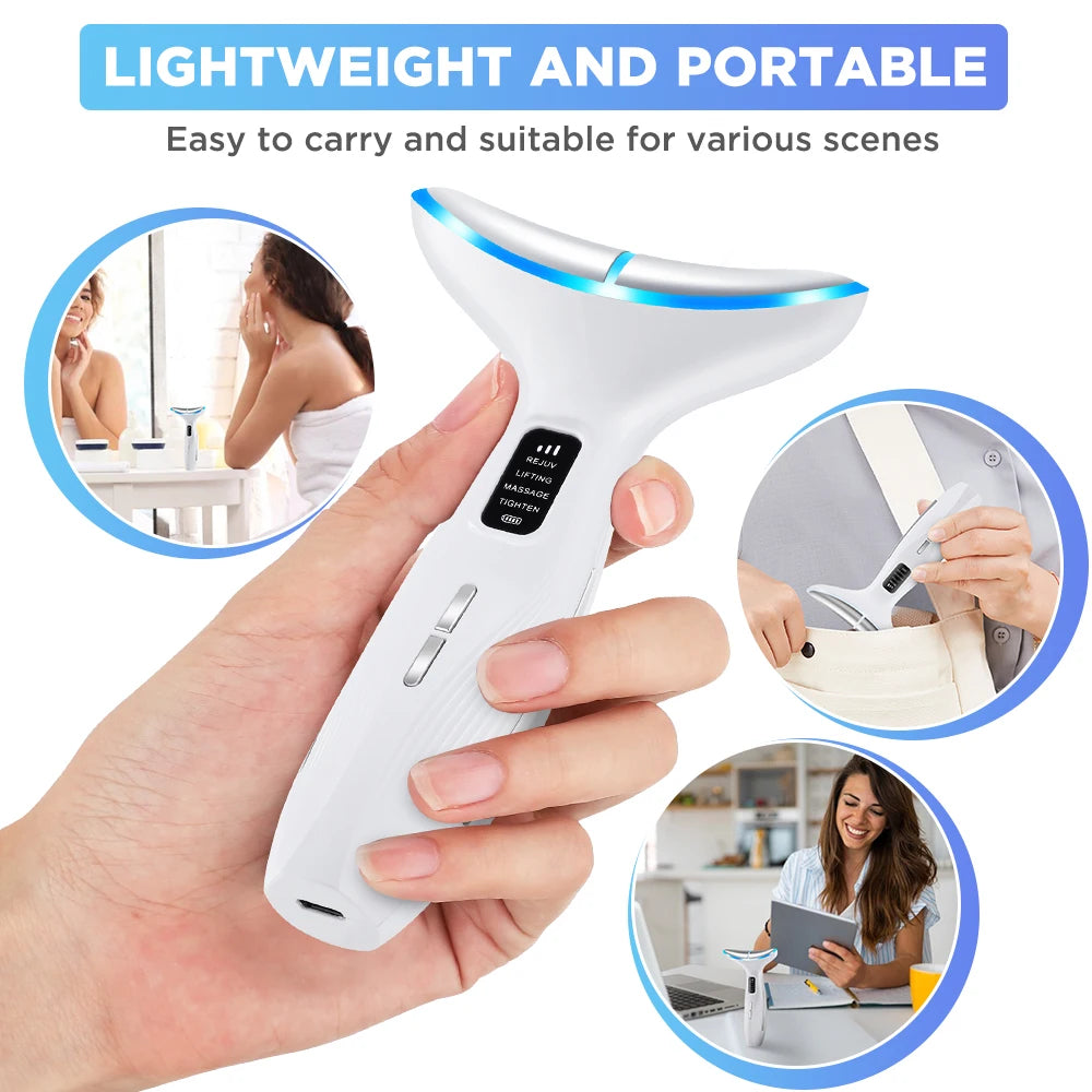 3 Color LED Face Neck Massager Beauty Device 3 Modes 3 Levels Home Use Vibration Lifting Anti Aging Improve Neck Lines Skin Care
