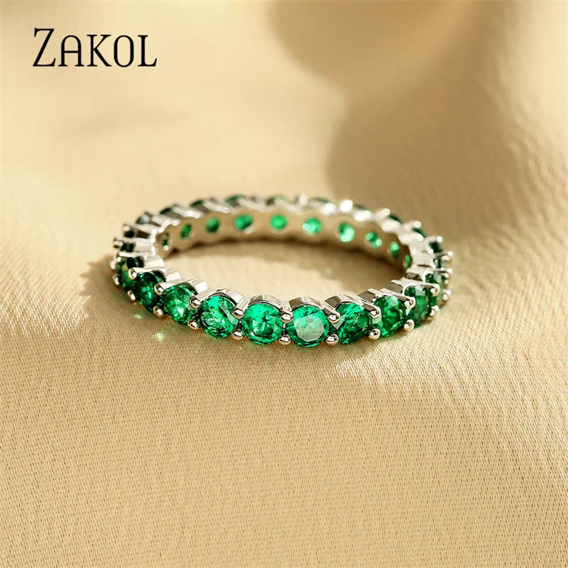 ZAKOL Fashion Round White Green Cubic Zirconia Wedding Rings for Women Girl Party Jewelry Birthday Gift RP189