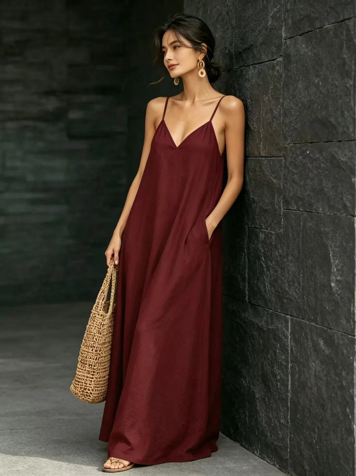 Women Linen Spaghetti Strap Maxi Dress V Neck Loose Swing Long Dress With Pockets Casual Summer Beach Vacation Sundress Ladies