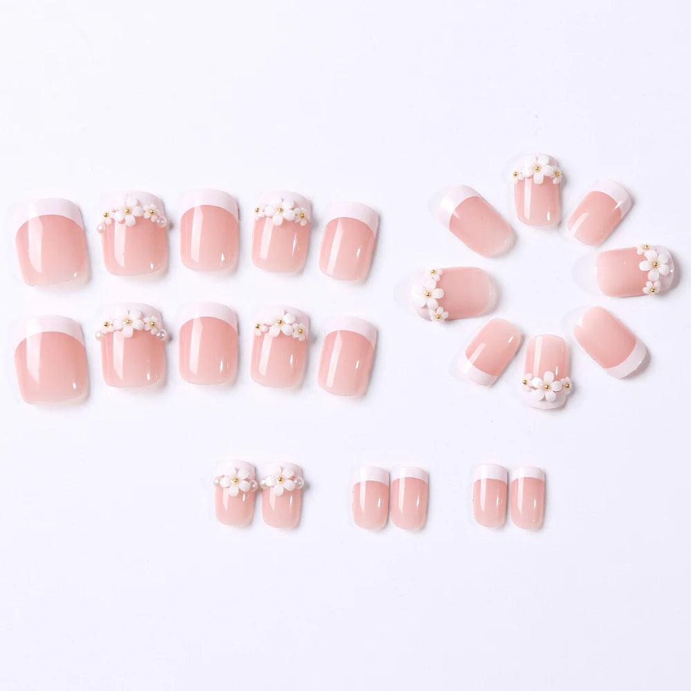 24pcs Medium Long Acrylic Fake Nails 3D Flower Pearl Design Press on Nails Ballerina Full Cover False Nails Tips for Women