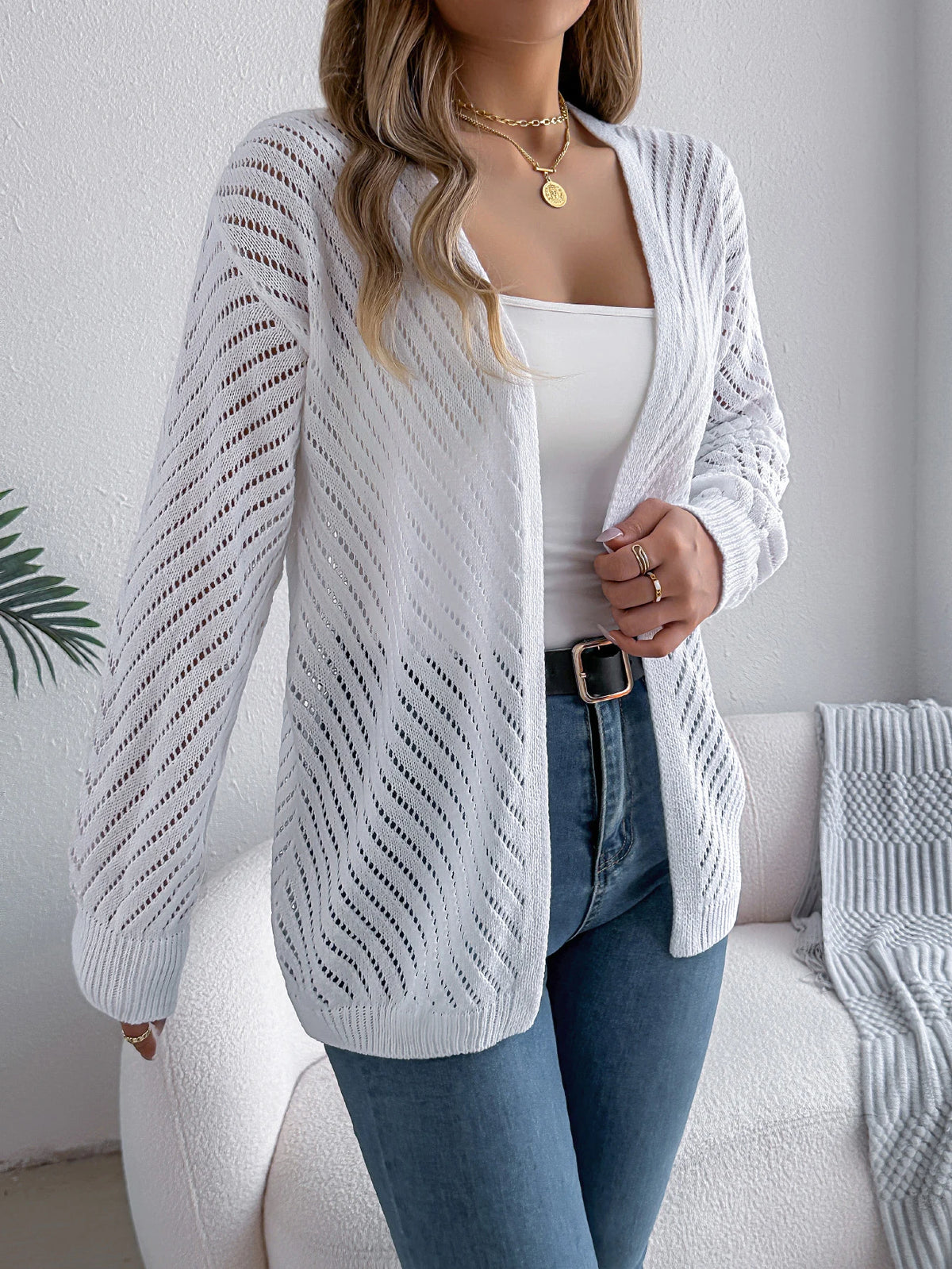 Women Solid Color Knitted Cardigan Sweaters 2026 Autumn Winter Casual Hollow Out Lantern Long Sleeve Coats Khaki White Black