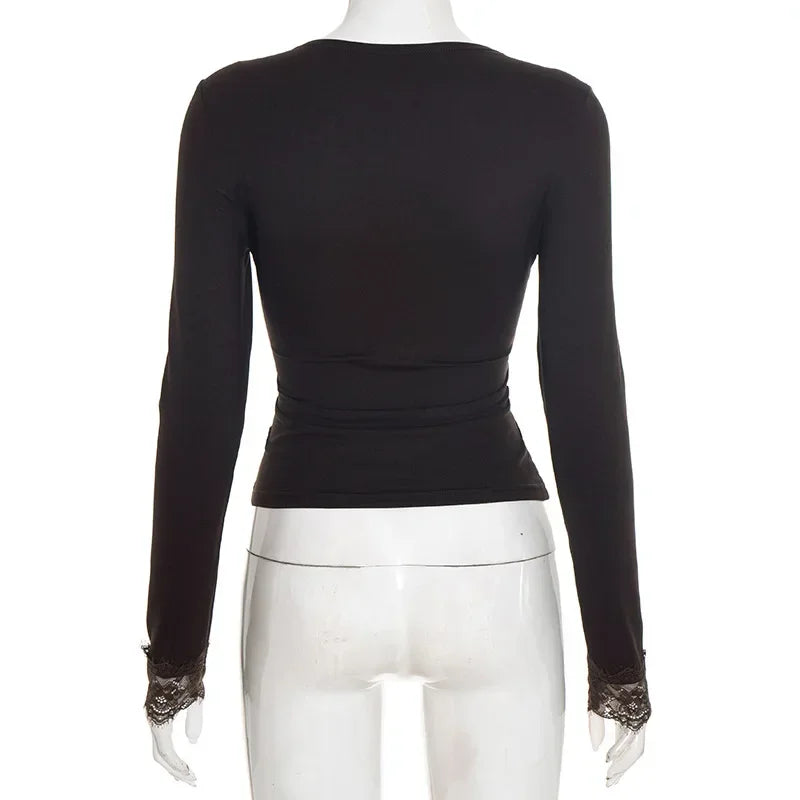 Women Lace Patchwork V Neck Long Sleeve T Shirt Ribbed Slim Fit Basic Undershirt Elegant Lace Trim Cuff Stretch Base Layer Tops