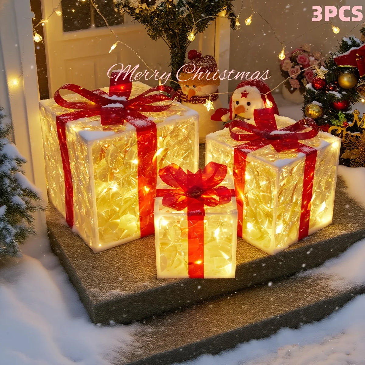 3 Pack Light Up Christmas Gift Box Ornaments, Battery Powered, Indoor & Outdoor Xmas Home, Porch, Lawn Holiday Decor