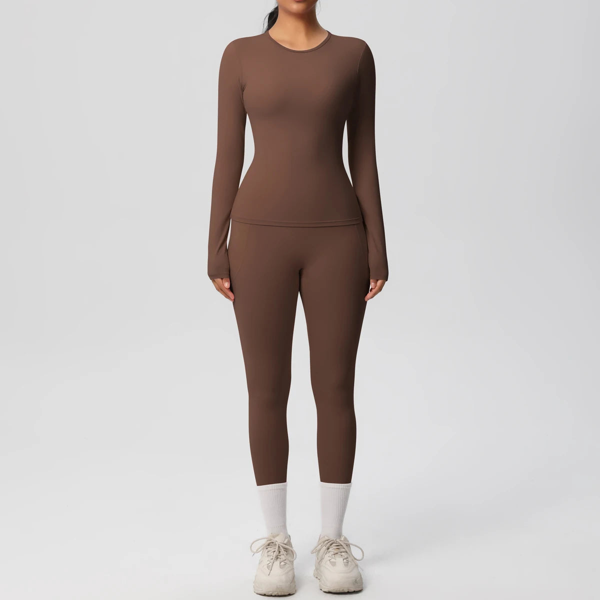 Summer 2PCS Women's Yoga Suit Solid Color High Stretch Slim Casual Long Sleeves Quick Drying Push Up Women Pockets Pants Set