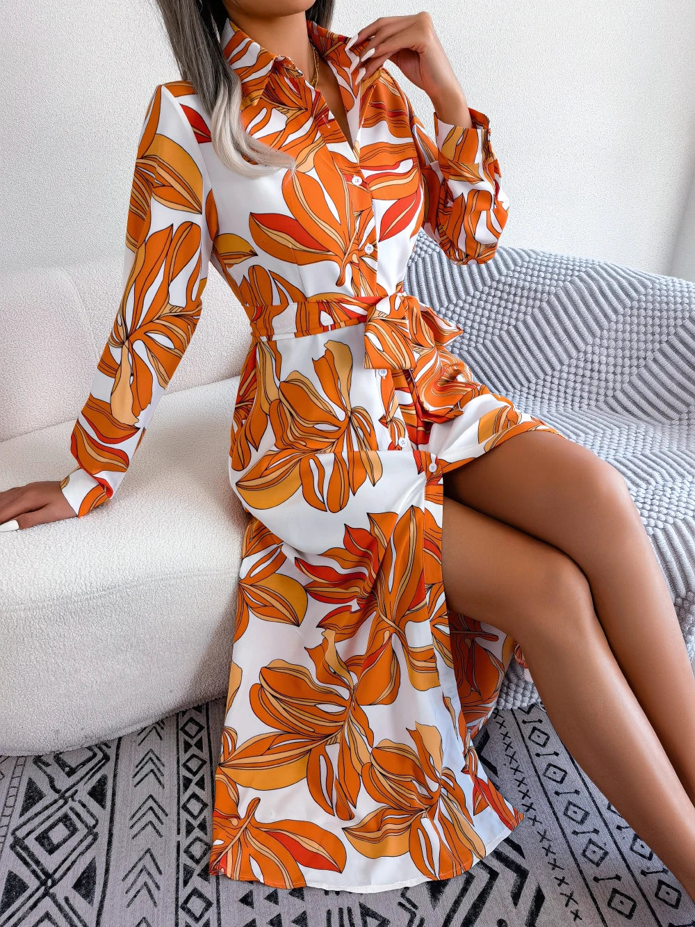 Women Casual Floral Print Long Sleeve Maxi Shirt Dress for Spring Autumn 2026 Elegant Contrast Color Lapel Buttons Long Dresses
