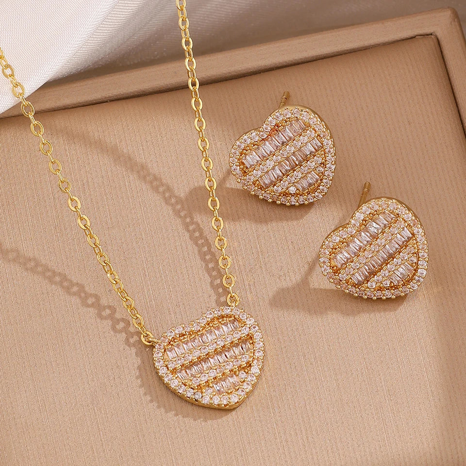 ZAKOL New Iced Out Zirconia Heart Necklace Earrings Set for Women Bling Cubic Zirconia Luxury Wedding Party Jewelry Gift