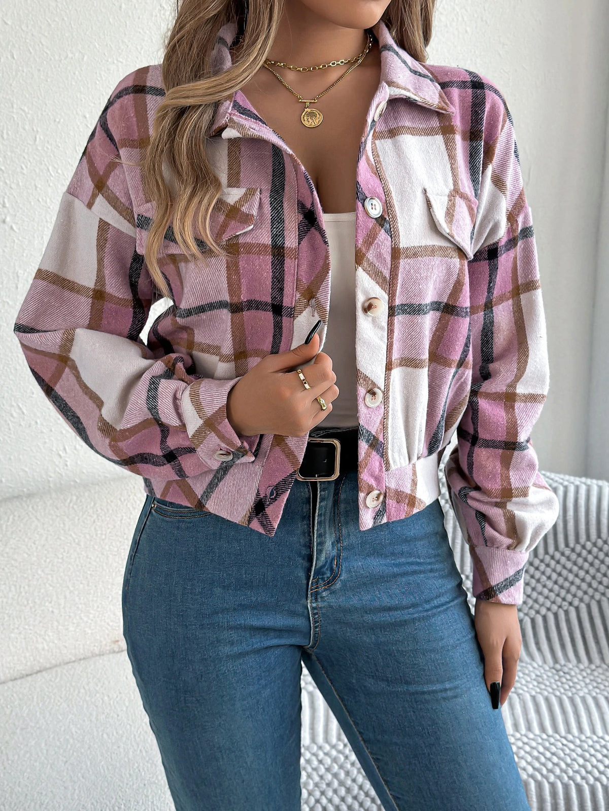 Autumn Winter Casual Plaid Cropped Jacket Lapel Lantern Long Sleeve Single Breasted Woolen Jacket 2026 Fashion Women Clothes