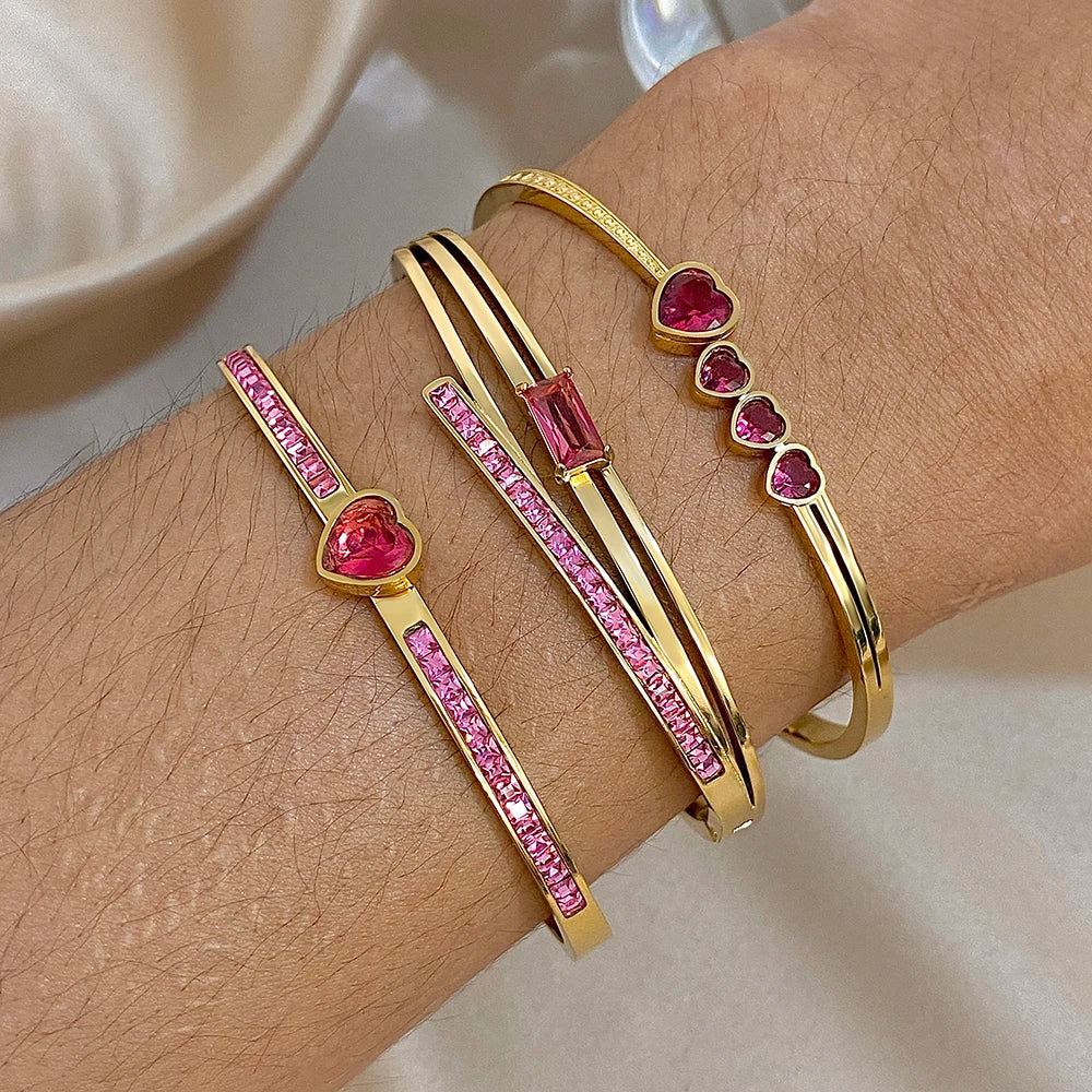 Flashbuy 3Pcs/Set 316L Stainless Steel Women's Bangles New Design Rose Red Love Heart Bracelets Waterproof Fashion Jewelry Gift