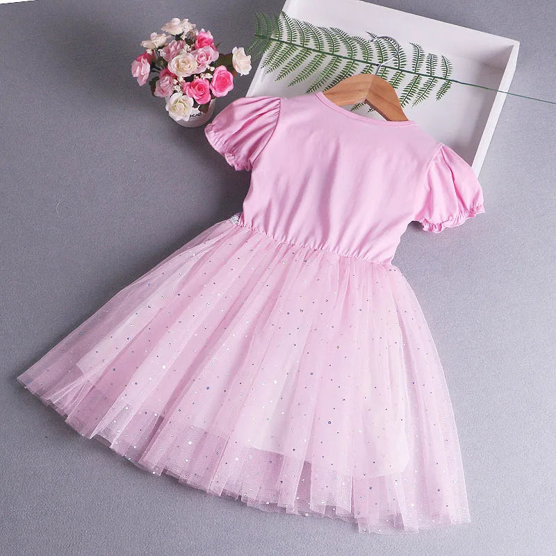 Disney Elsa Princess Dress with Cape Girls Dress Summer Kids Short Sleeve for Children's  2-8Y