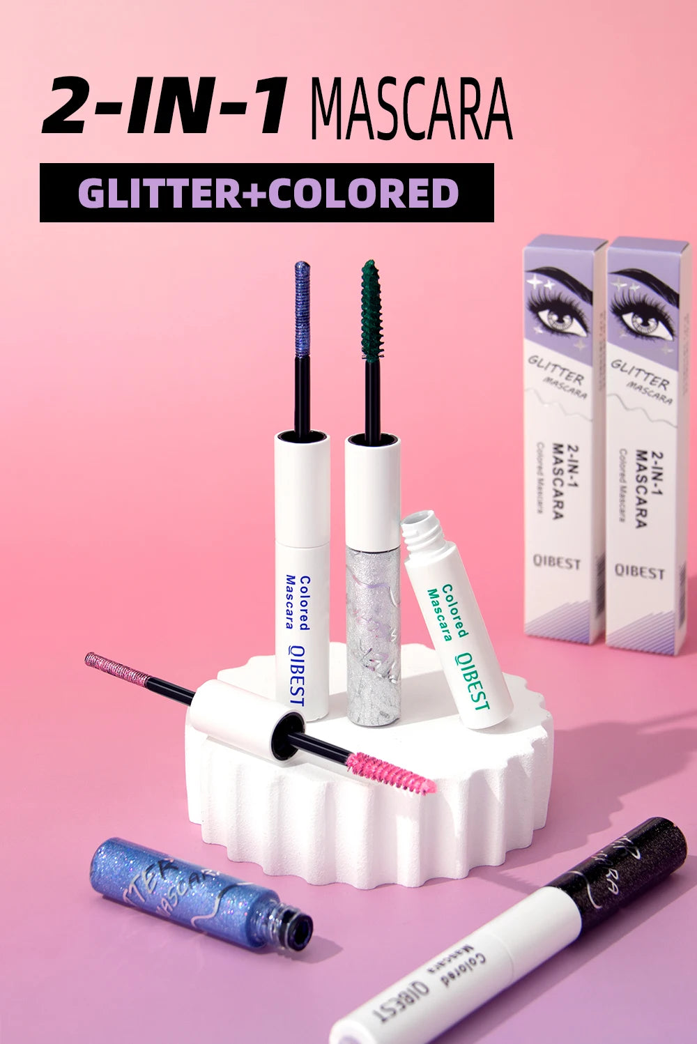 QIBEST 2 In 1 Diamond Glitter Mascara Lasting Colored Mascara Eyelashes Thickening Voluminous Double Ended Waterproof  Mascara