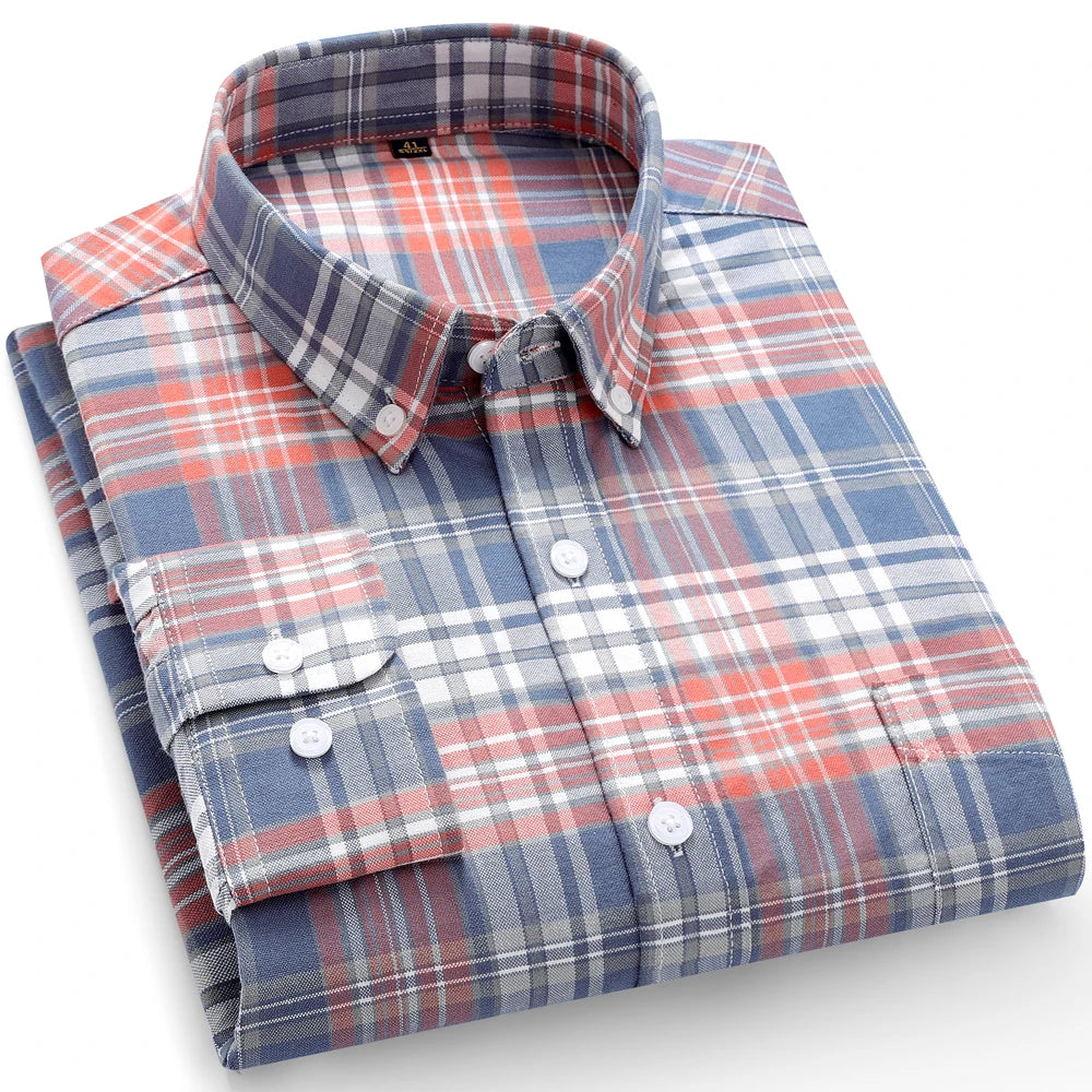 Men's 100% Cotton Contrast Plaid Long Sleeve Oxford Button-Down Shirt with Pocket, Breathable Comfort Regular Fit Casual Wear