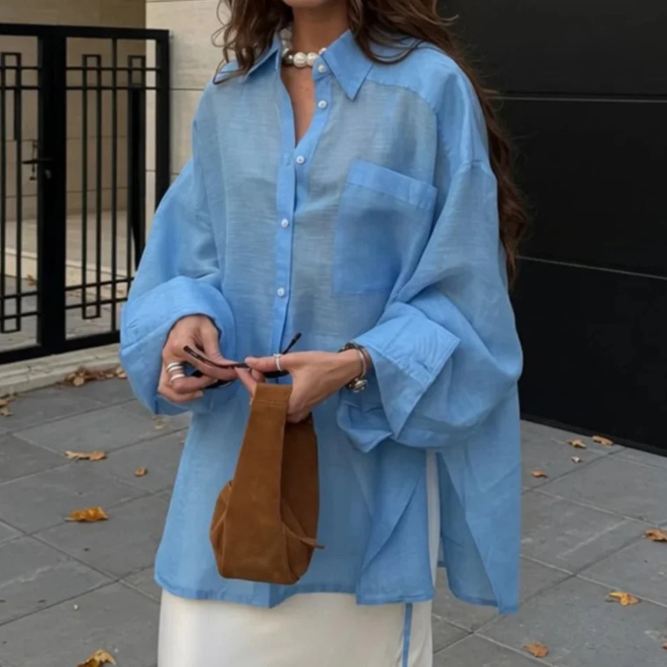 Casual Loose Solid See Through Blue Blouse For Women Sexy Lapel Long Sleeve Classic Shirt 2026 New Autumn Commuter Female Tops