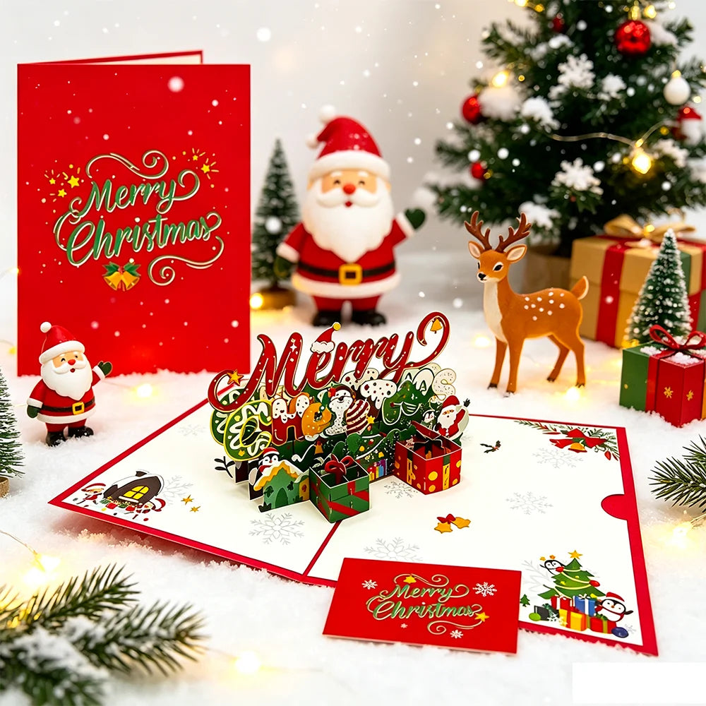 Christmas 3D Pop‑Up Greeting Card,Handmade Festive Xmas Pop‑up Card with Envelope,Merry Christmas Holiday Blessing Card forParty