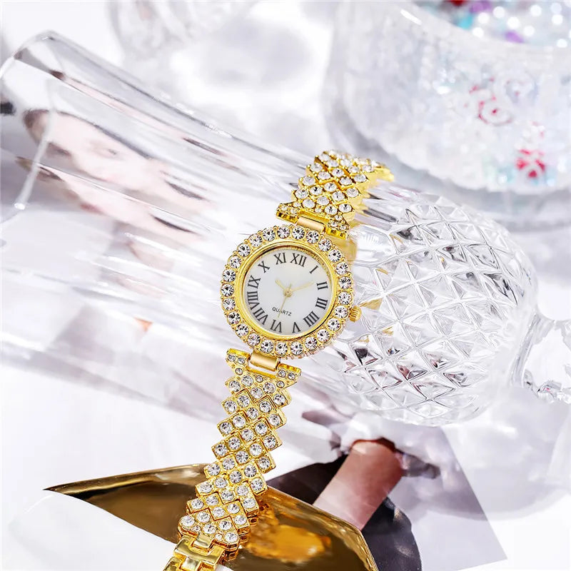 2PCS/Set Women's Watch Fashion Rhinestone Roma Dial Quartz Watches Stainless Steel Band Wrist Watch Bracelet Set