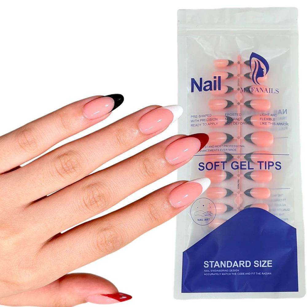 144Pcs White/Black/Red French False Nails for Women Mid-length Almond Press on Nails Acrylic Full Cover Oval Fake Nail Tips