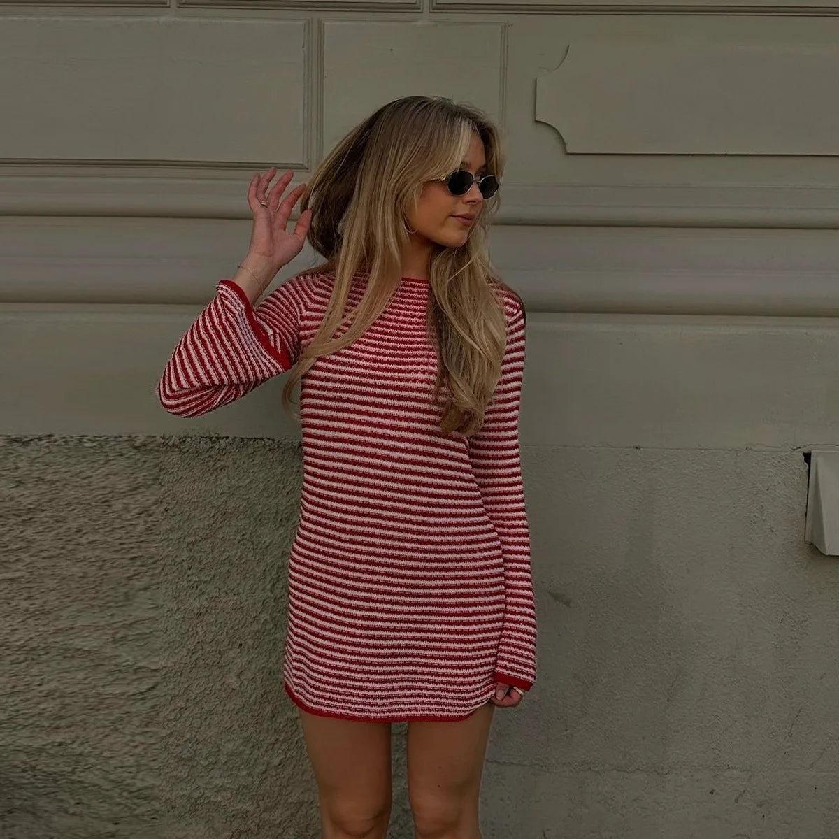 BKLD 2026 New Autumn Clothes Slim Fit Round Neck Long Sleeve Striped Dress For Women Sexy Club Outfits Red Party Dresses