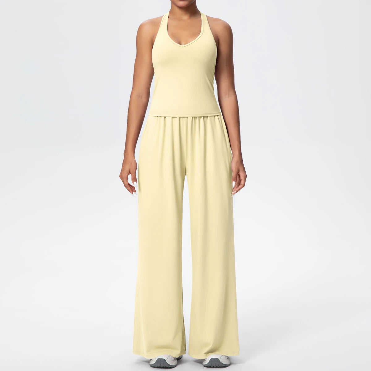 Breathable Loose Wide Leg Pants and Yoga Vest Set Solid Color High Stretch Pockets Pants Beautiful Back T-shaped Vest Yoga Suit