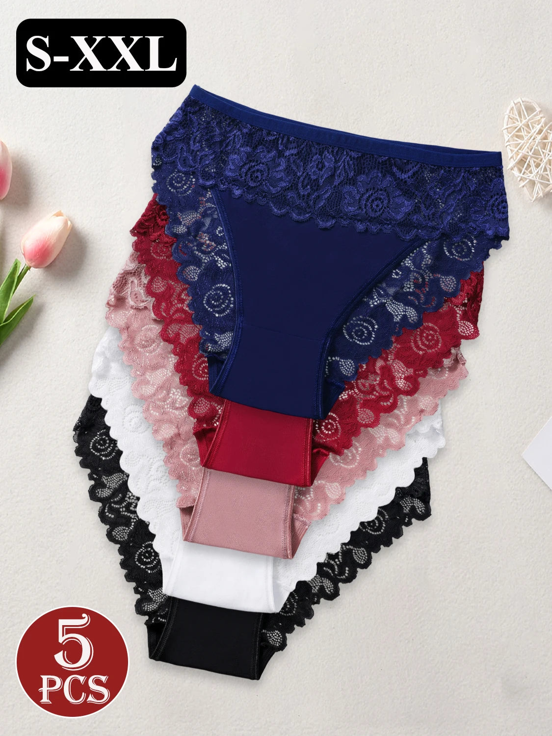 5PCS Women's Cotton Underwear Semi-Sheer Elegant Lace Floral Panties Solid Color Mid-Rise Comfortable Briefs Sexy Lingerie
