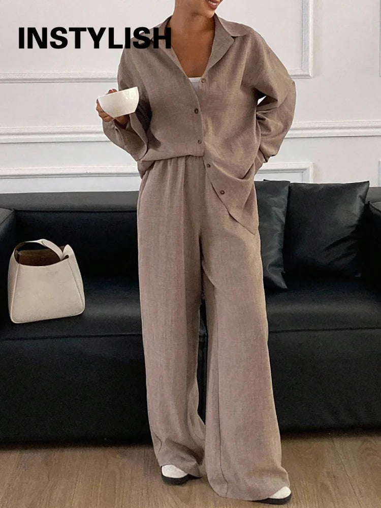 2026 New Women Linen Two Piece Outfit Set Lapel Long Sleeve Button Shirts Elastic Waist Wide Leg Pants Casual Loose Home Suit