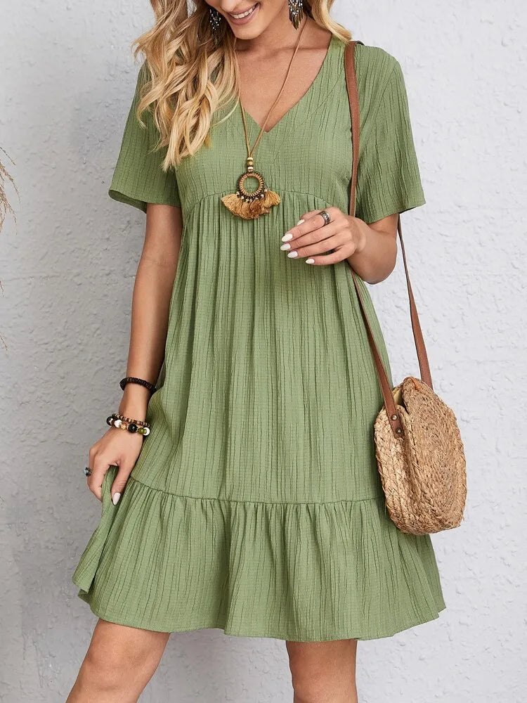 Women Elegant V Neck Ruffles Mini Dress Summer Vintage Solid Loose Sundress Bohemian Casual Solid Beach Party Vestidos