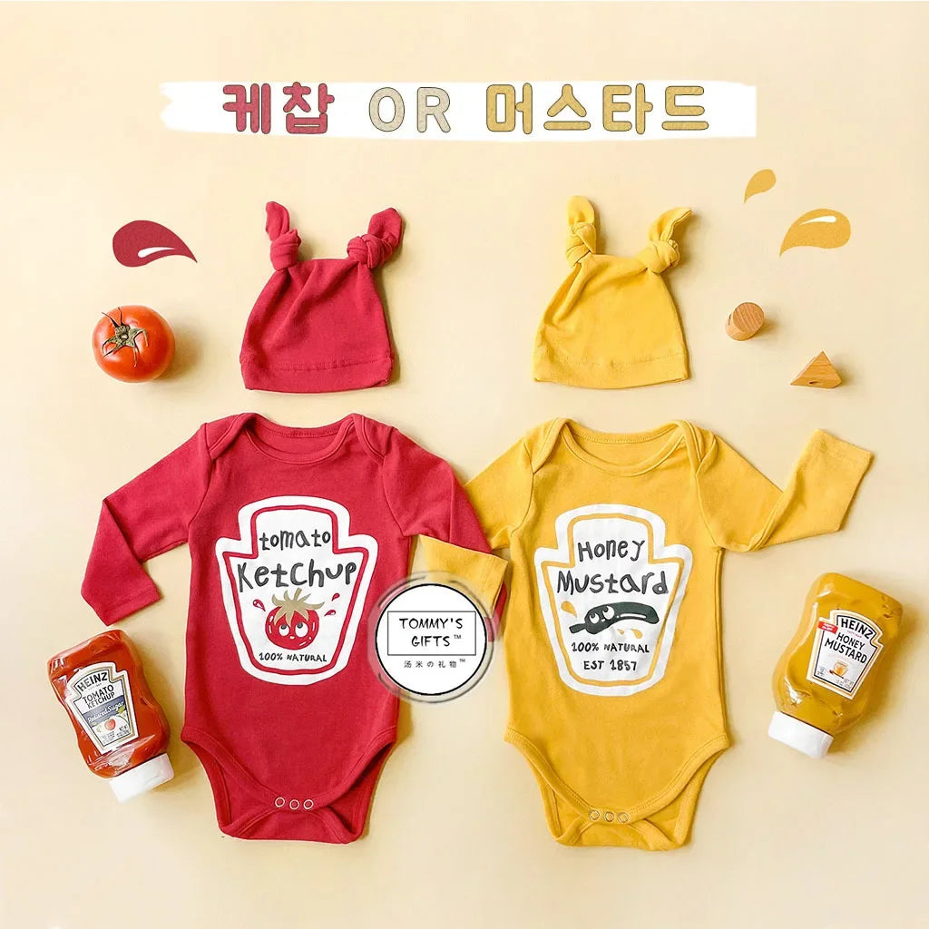 Infant Newborn Romper  Sauce Onesie with Hat Baby Bodysuit Cosplay Baby Twins Red Tomato Ketchup and Yellow Mustard Costume 0-2T