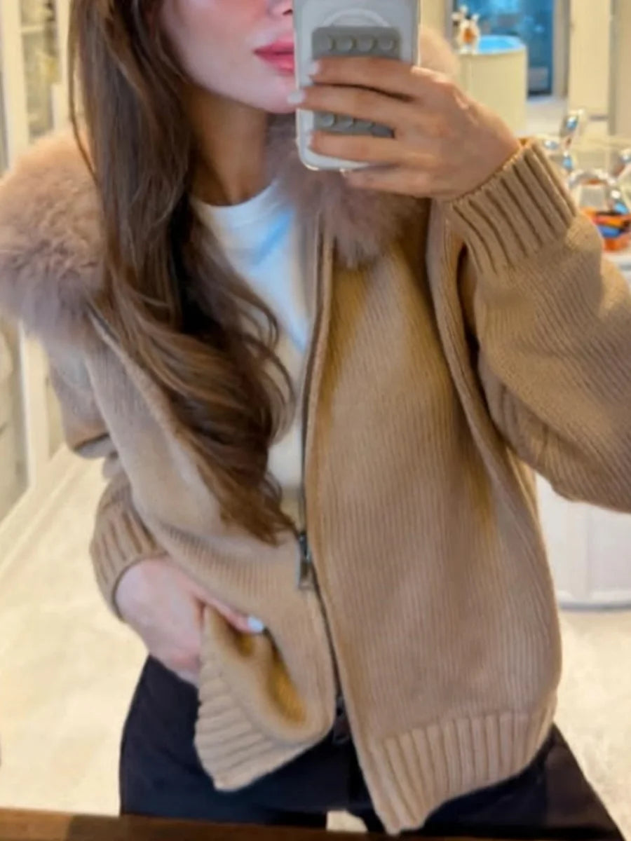 Women Casual Solid Thick Knitted Cardigan Long Sleeve Zipper Patchwork Loose Fit Coats 2026 Autumn Winter Female Basic Knitwears