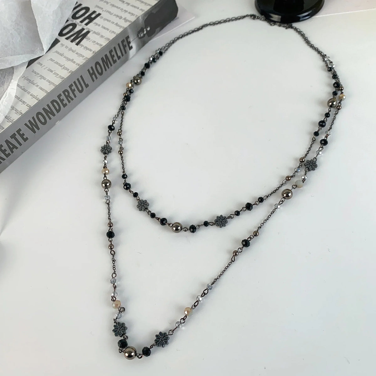 ZAKOL Vintage Flower Glass Beaded Double Layered Stacking Chains Necklaces for Women Temperament Sweater Fashion Jewelry