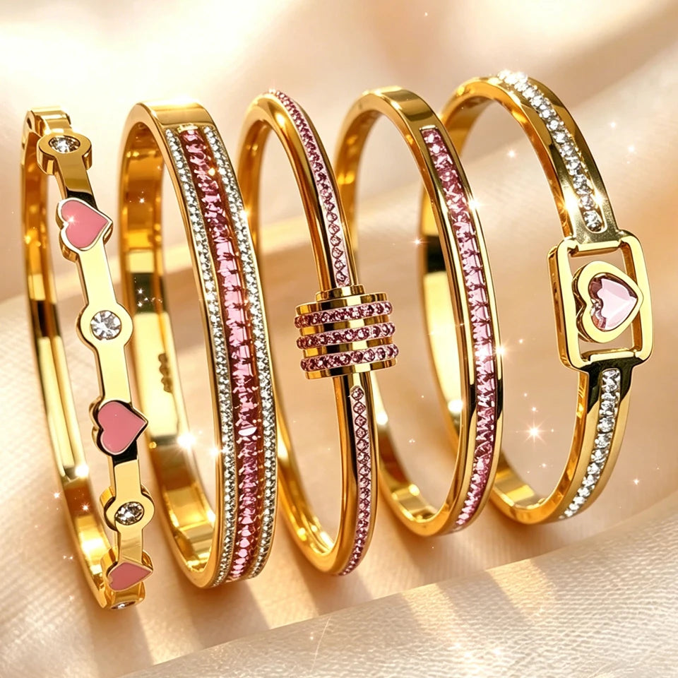 ZAKOL 5/1pcs Fashion Shiny Pink Zircon Inlaid Stainless Steel Bracelets for Women High-end Stacking Bangles Personalized Jewelry