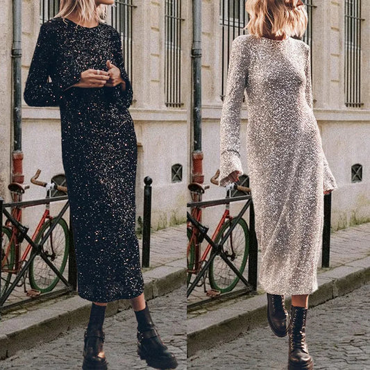 BKLD Women Elegant Long Sleeve Bodycon Dress Round Neck 2026 New Fashion Sequined Sexy Backless Party Long Dresses Clubwear