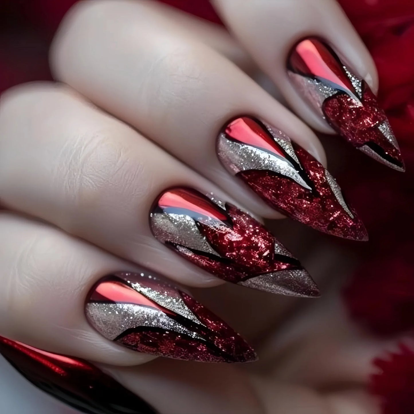 Medium long fake nails for women gilrs wine red colors with strips print almond ballet shape full cover press on false nail art