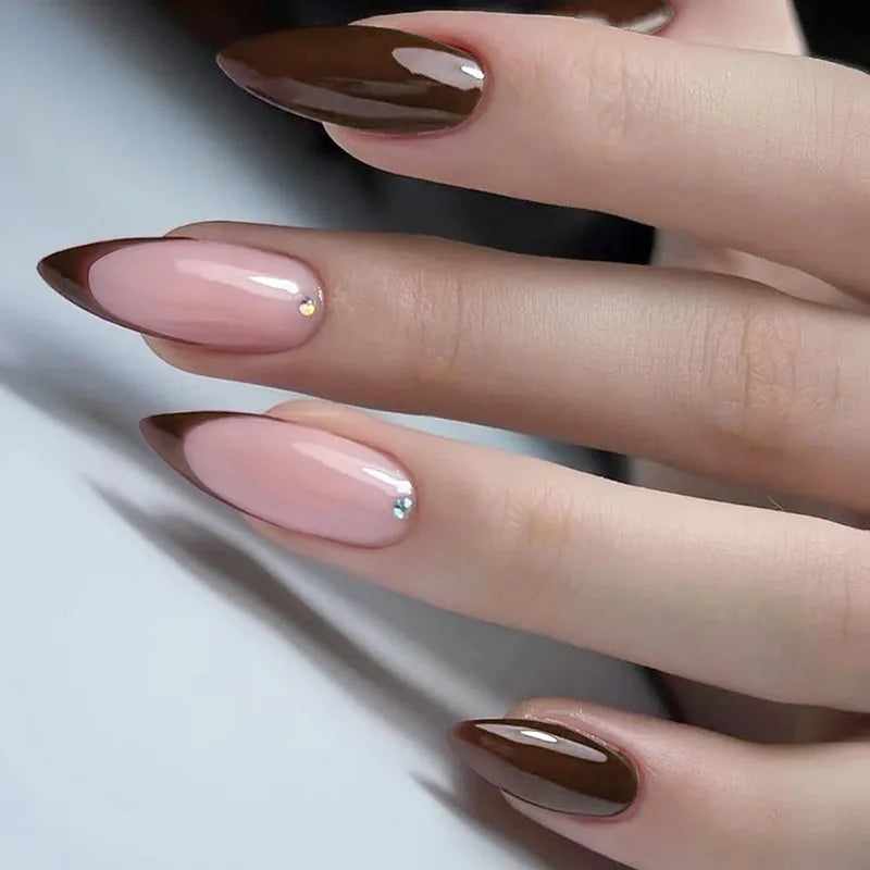 24pcs Black French Tips Almond Fake Nails Detachable Simple Long Press on Nails Rhinestone Design Stick on Finished False Nail