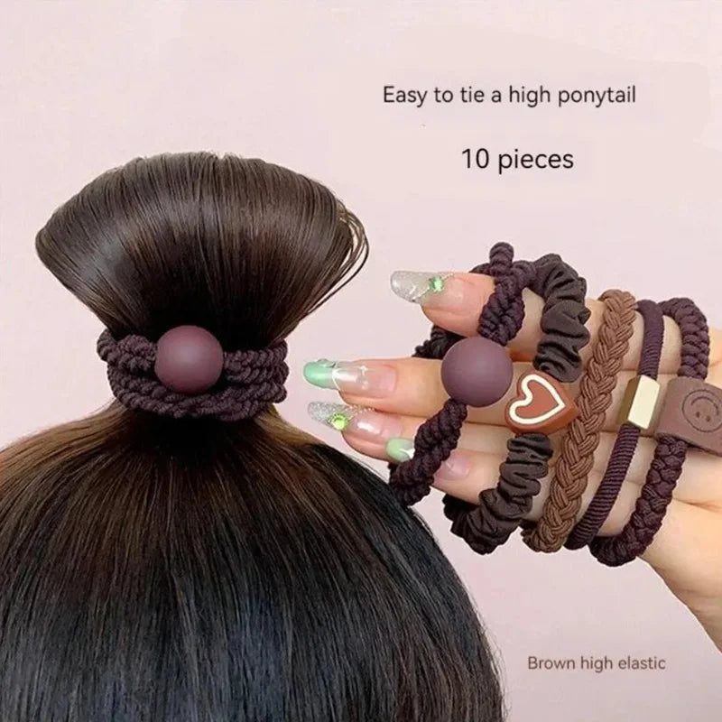 10PCS Women's Hair Ring Set: High Elasticity Leather Band, Simple Temperament, Durable New Style for High Ponytail