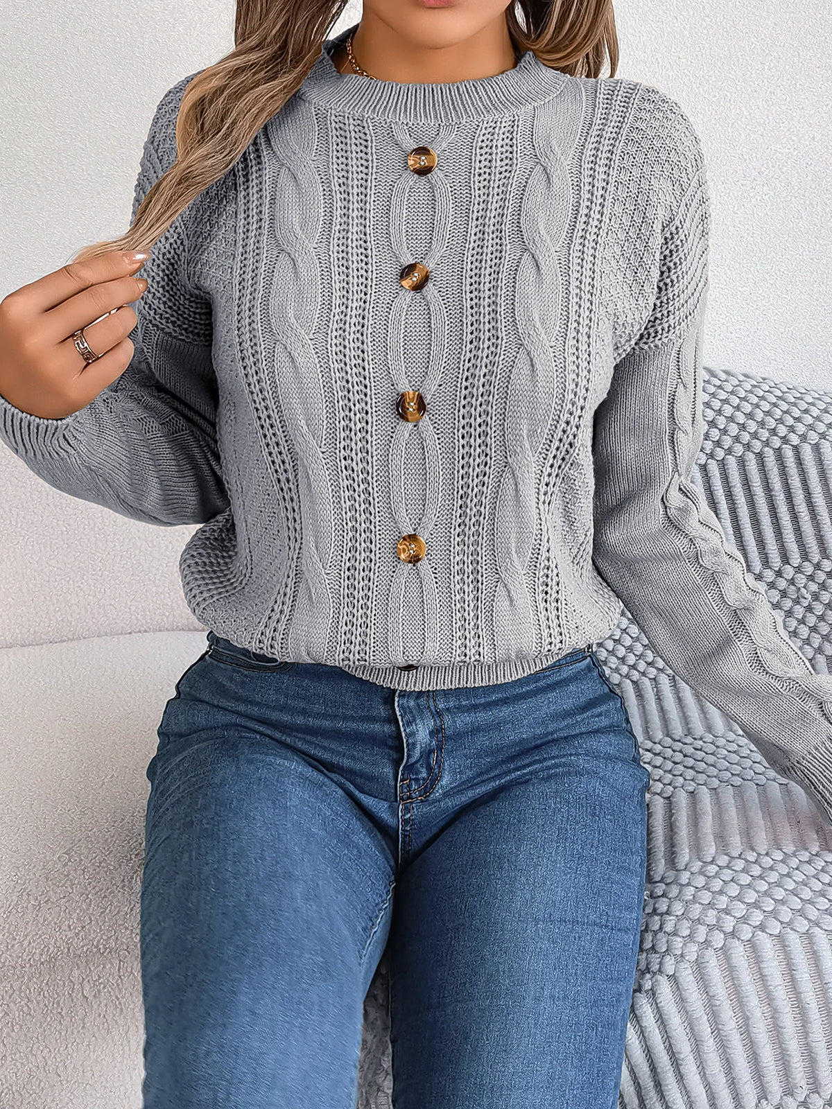 Women's Solid Color Round Neck Buttons Knitted Sweater 2026 Autumn Winter Casual Long Sleeve Pullover White Grey Green Woman Top