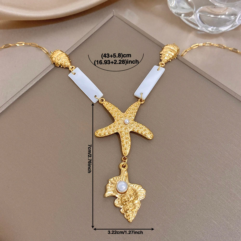 Flashbuy Golden Ocean Charm Necklace, Starfish Crab Octopus Pendant, Boho Beach Jewelry for Women, Summer Vacation Accessory