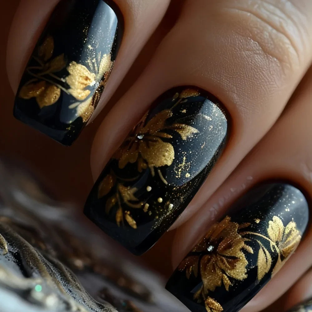 24Pcs Solid Black Short False Nails with Rose Pattern Design Ballerina Square Artificial Full Cover Press on Nail Tips for Girls