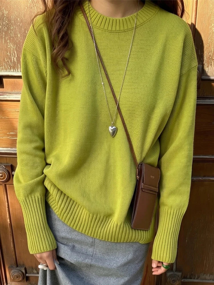 Women's Casual Solid Cotton Pullovers O-Neck Long Sleeve Warm Loose Knitted Top Female Autumn Winter Basic Soft Sweater