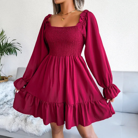 Spring Summer Casual Solid Color Square Neck Flared Long Sleeve Ruffled Dress Red Orange Green Black 2026 Fashion Woman Clothing