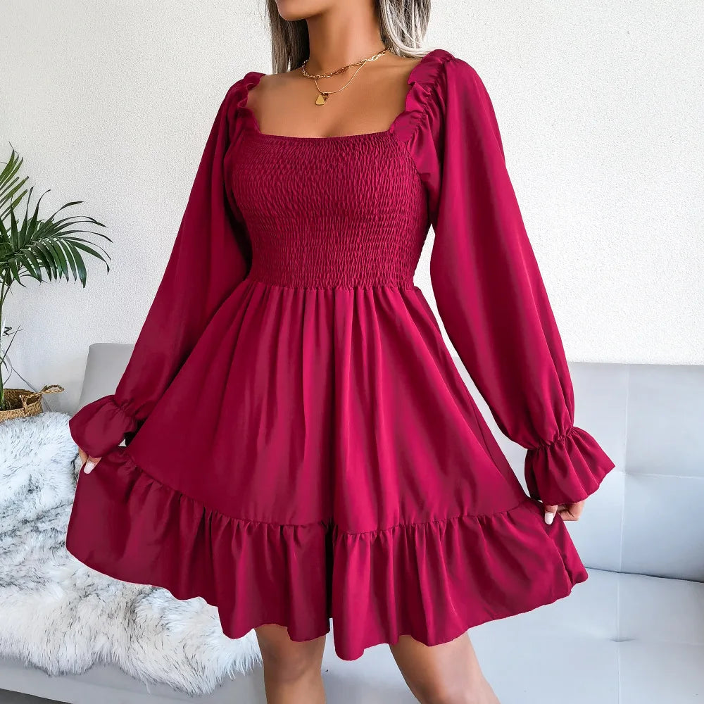 Spring Summer Casual Solid Color Square Neck Flared Long Sleeve Ruffled Dress Red Orange Green Black 2026 Fashion Woman Clothing