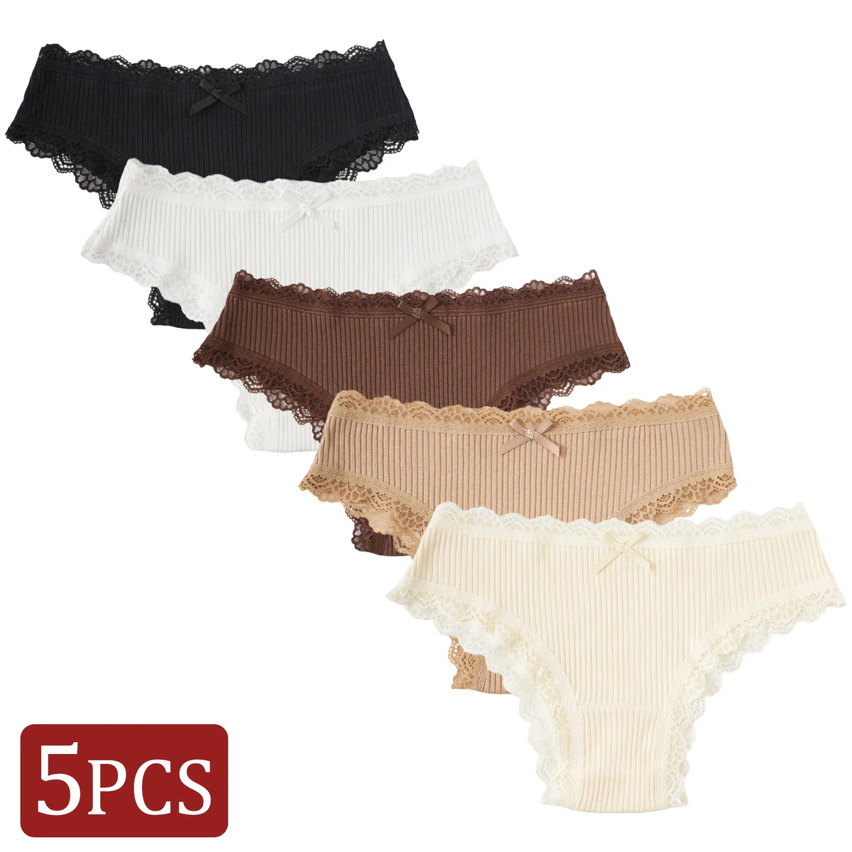 5PCS/Set Solid Colors Women's Underwear Cotton Ribbed Briefs Soft Breathable Panties Lace Trim Sexy Low-Rise Lingerie Everyday