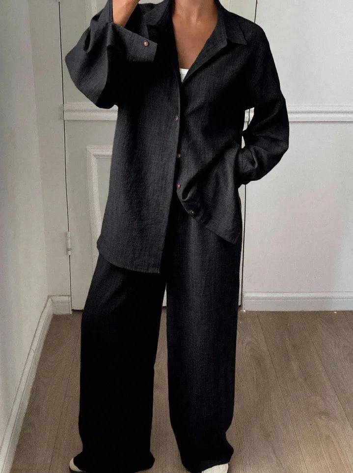 2026 New Women Linen Two Piece Outfit Set Lapel Long Sleeve Button Shirts Elastic Waist Wide Leg Pants Casual Loose Home Suit