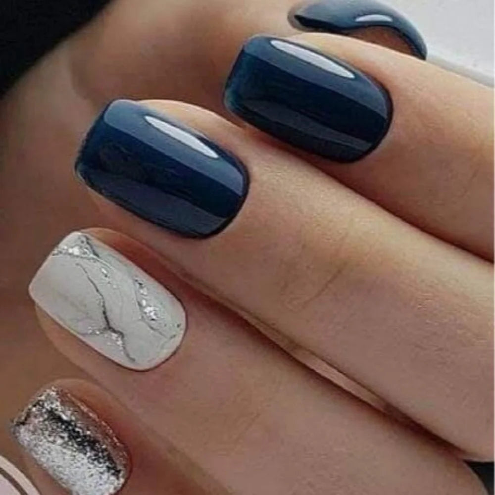 24pcs Blue Short Square False Nails Sets Shiny Smudge Lines Stick on Ballet Fake Nail Acrylic Simple Press on Nails Art Manicure