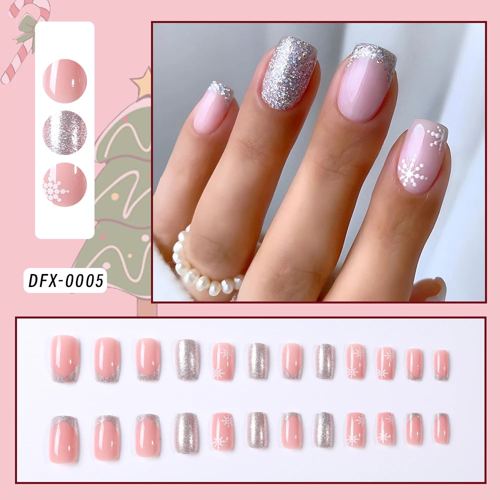 24Pcs Glitter powder French Christmas Fake Nails Almond Full Cover False Nails Snowflake with Bowknot Rhinestone Press On Nails