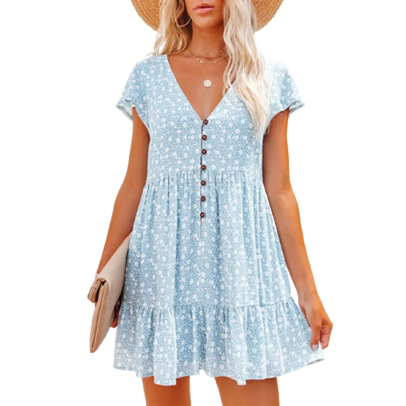 Women Summer Floral Print Short Sleeve V Neck A Line Dress Casual Boho Pleated Mini Dress Beach Party Vacation Sundress 2023
