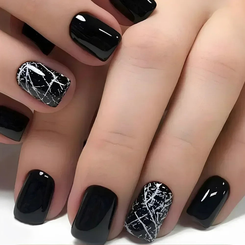 24Pcs Solid Black Short False Nails with Rose Pattern Design Ballerina Square Artificial Full Cover Press on Nail Tips for Girls